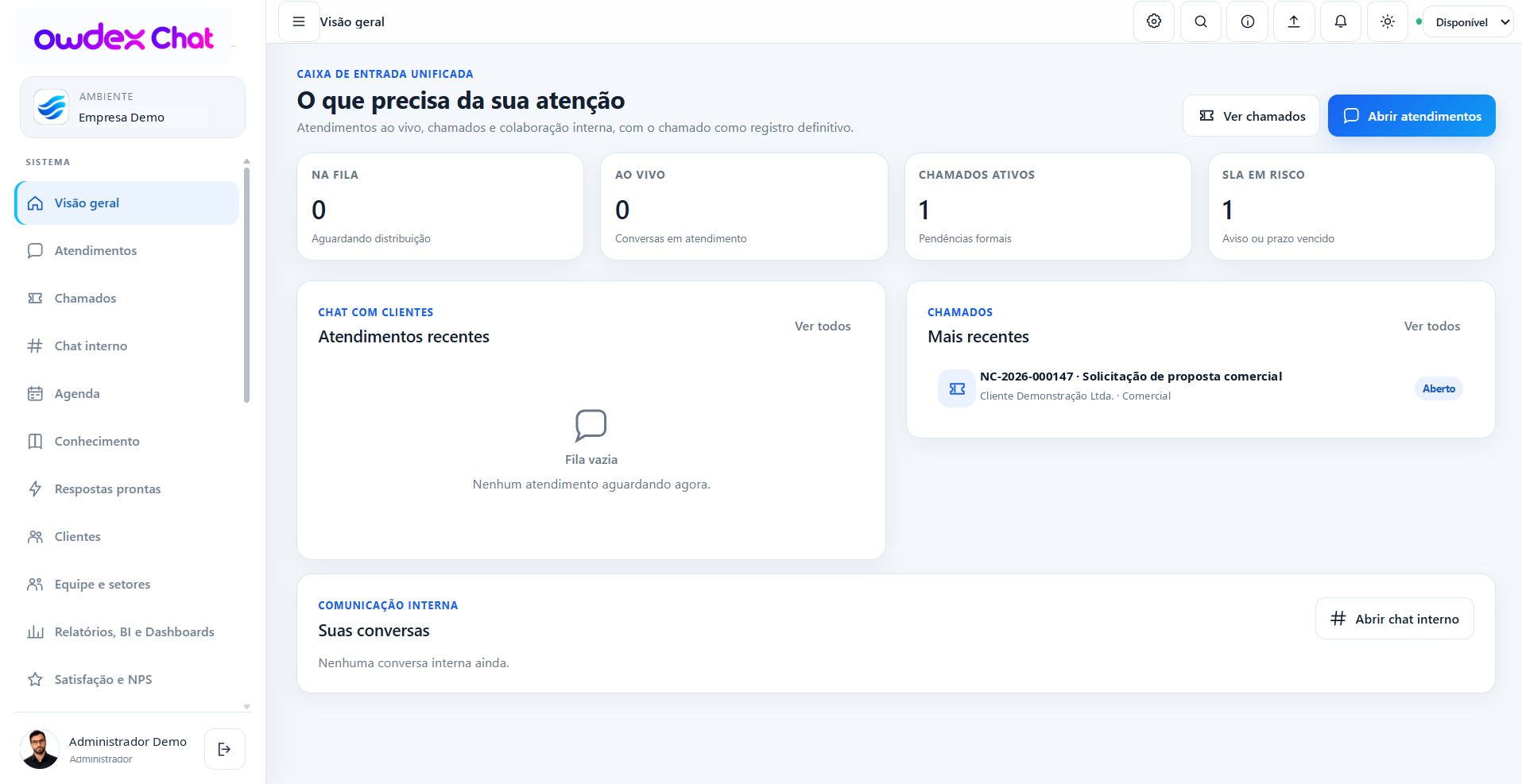 Prévia demonstrativa do owdex Chat com atendimento, chamados e colaboração empresarial