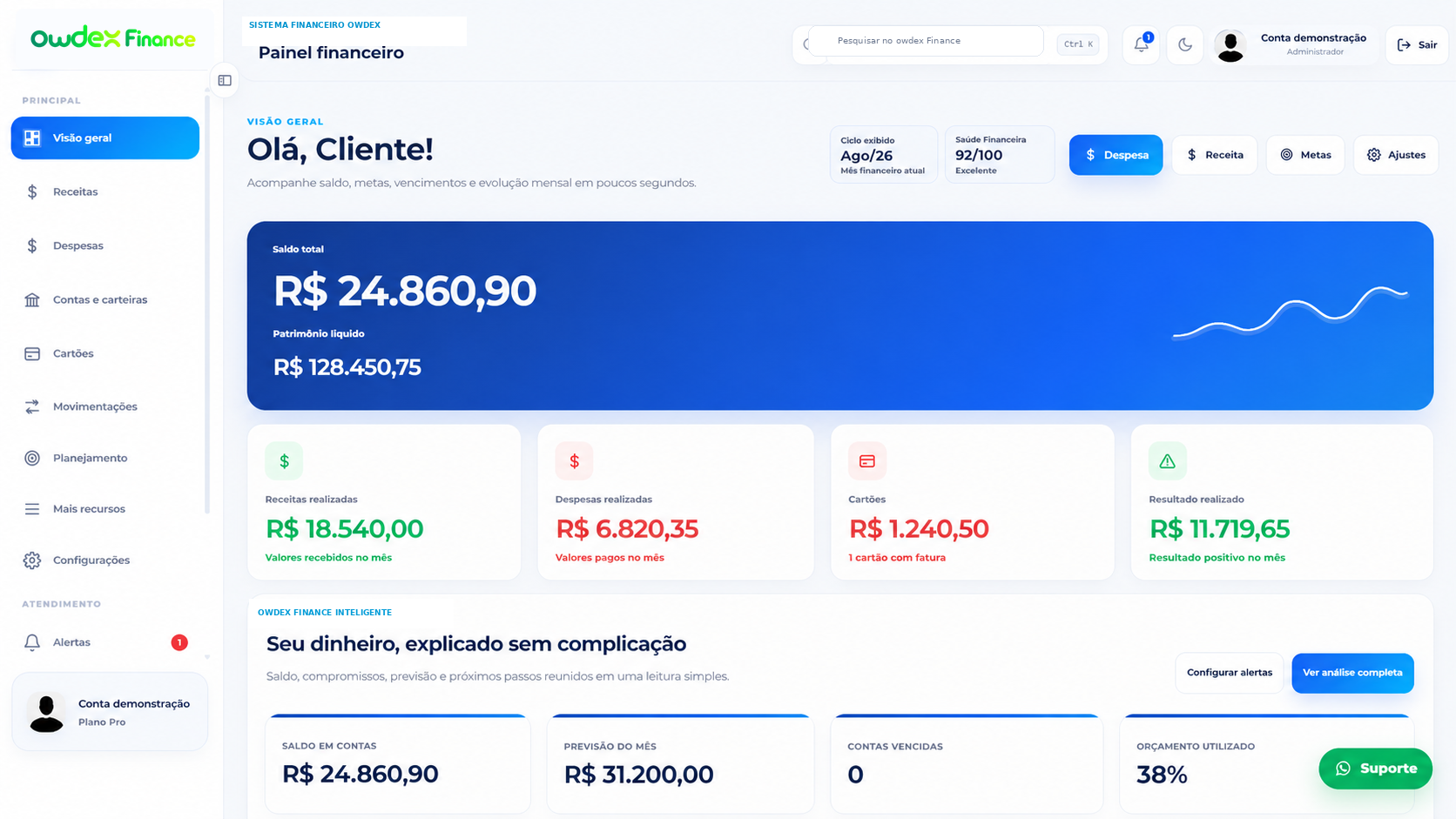 Prévia demonstrativa do owdex Finance para controle financeiro pessoal